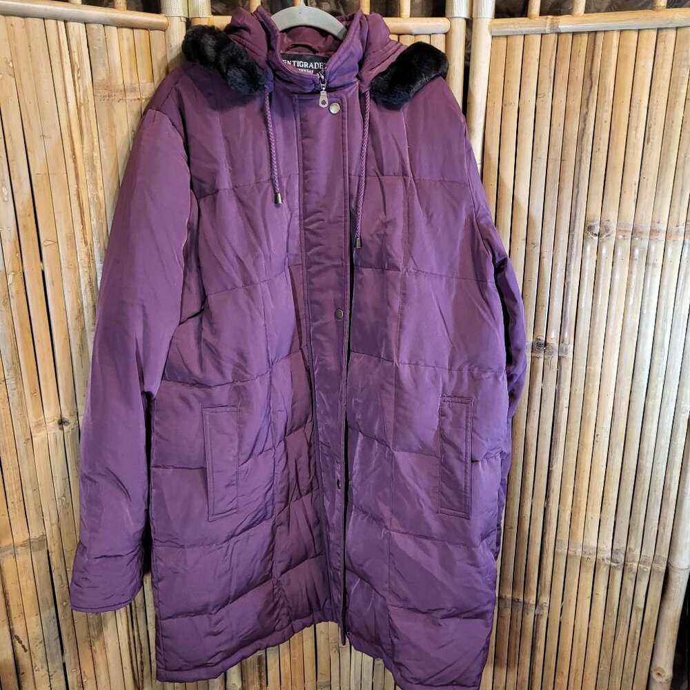 Centigrade Down Quilted Coat w/ Detachable Faux Fur Hood XL Purple